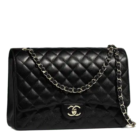 "Chanel MAXI Classic Grained Calfskin Shoulder Bag in Black with Turn-Lock Closure"
