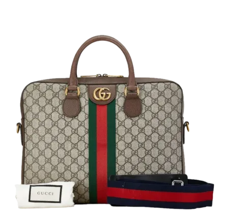 Gucci Ophidia Document Holder in GG Supreme canvas with Web stripe, Double G hardware, and removable strap.