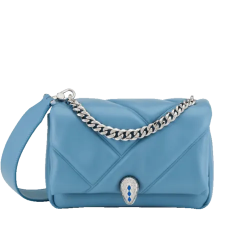 Serpenti Cabochon Crossbody Bag featuring a geometric maxi matelassé pattern, adorned with the Serpenti head closure and goldtone hardware.