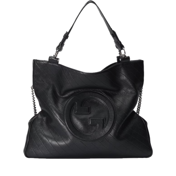 Gucci Blondie Tote Bag featuring Round Interlocking G emblem, crafted from luxurious black leather with a cotton linen lining